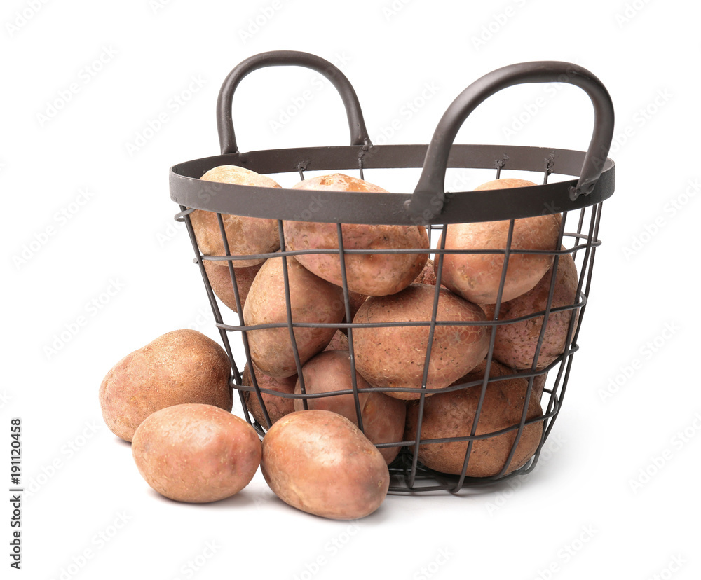 Sticker Basket with fresh raw potatoes on white background