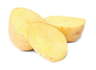 Raw fresh sliced potato on white background