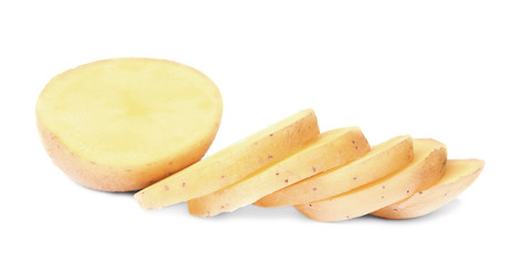 Raw fresh sliced potato on white background
