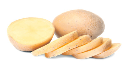 Raw fresh sliced potato on white background