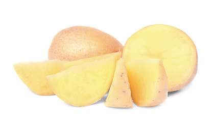 Raw fresh sliced potato on white background