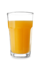 Glass of fresh orange juice on white background
