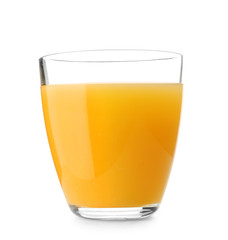 Glass of fresh orange juice on white background