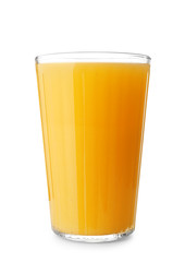 Glass of fresh orange juice on white background