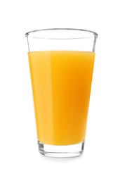 Glass of fresh orange juice on white background