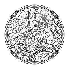 Dog. Circle mandala. Hand drawn dog with abstract patterns on isolation background. Design for spiritual relaxation for adults. Black and white illustration for coloring. Design Zentangle. Zen art