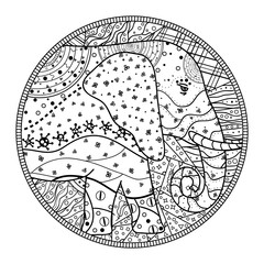 Elephant. Design Zentangle. Hand drawn elephant with abstract patterns on isolation background. Design for spiritual relaxation for adults. Line art creation. Decorative style. Outline for t-shirts