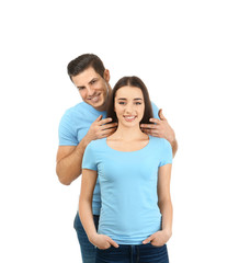 Young man and woman in stylish t-shirts on white background. Mockup for design