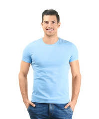 Young man in stylish t-shirt on white background. Mockup for design