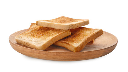 Plate with toasted bread on white background