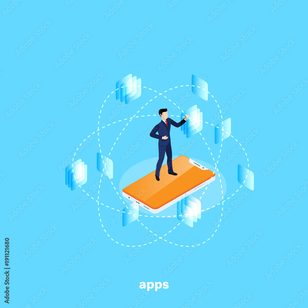 Poster a man in a business suit stands on the smartphone screen and works with pop-up application windows, 