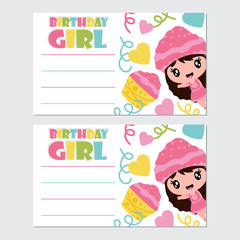 Cute girl and cupcake vector cartoon illustration for Happy Birthday card design, postcard, and wallpaper