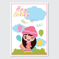Cute girl and birthday cake on the garden vector cartoon illustration for Happy Birthday card design, postcard, and wallpaper