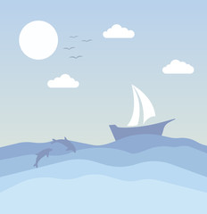 Vector illustration abstract background with Little Birds Ship and Dolphins