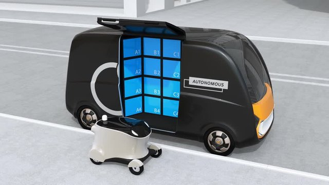 Self-driving delivery van opened side door and transfer parcel to mobile delivery drone.  Last one mile concept. 3D rendering animation.