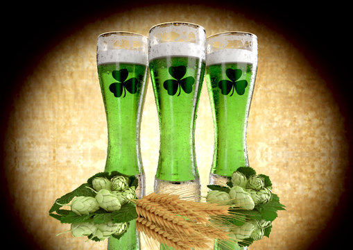 St Patrick's Day concept, green beer, shamrock. 3D render