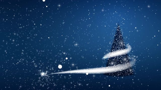 Christmas tree, blizzard, stars, snowfall, blue background for New Year project.