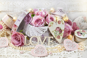 romantic love decoration in shabby chic style for wedding or valentines