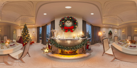 Christmas interior with a fireplace. 3d illustration of an interior design in a classic style with Christmas trees, presents and decor. Seamless 360 panorama for virtual reality and virtual 3D tours