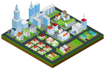 Graphic city building, real estate, house and cityscape architecture and nature environment in 3D isometric design in isolated background, create by vector