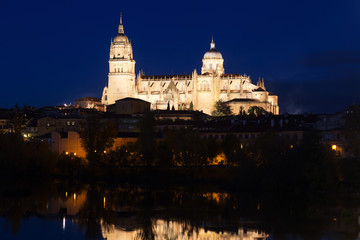 Fototapeta na wymiar Salamanca Cathedral from River in autumn night
