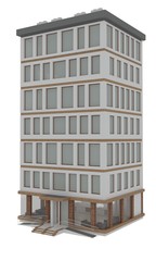 3D render modern multi-storey building with ramps and the big hall. 3D isolated illustration on a white background