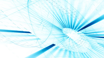 Abstract blue and white background. Fractal graphics series. Dynamic composition of dots, traces and beams.
