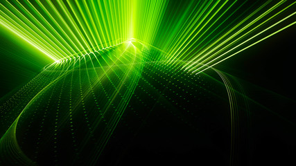Abstract green and black background. Fractal graphics series. Dynamic composition of dots, traces and beams.