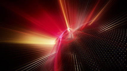 Abstract red and black background. Fractal graphics series. Dynamic composition of dots, traces and beams.