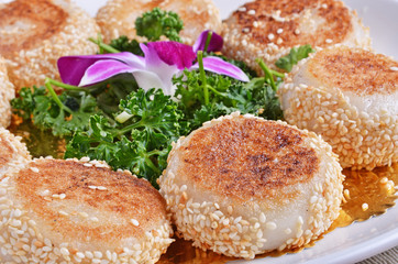 Close up of baked sesame cake