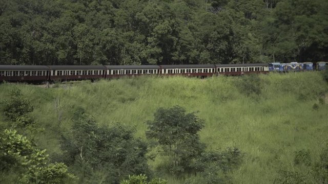 kuranda historic scenic railway rounding a turn in the tracks