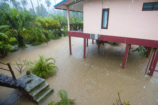 Flooding and tropical rain on the street in Koh Phangan, Thailand