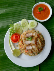 Fried rice on banana leaf background