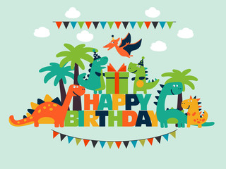 Happy birthday - lovely vector card with funny dinosaurs