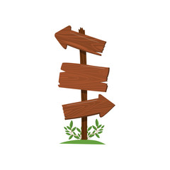 Wood arrow sign, old wooden road sign standing on the grass cartoon vector Illustration