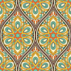 Seamless pattern with ethnic mandala ornament. Hand drawn vector illustration