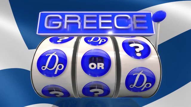 Slot machine wheels greek currency , drachma versus euro, with Greek flag in the background, with possibility to edit for different ends