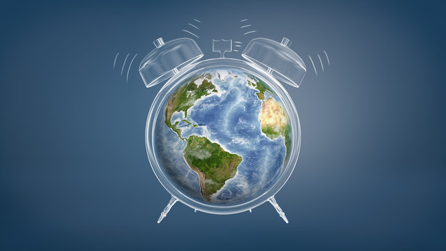 3d rendering of colorful Earth globe used a clock face of a chalk drawn ringing alarm clock.