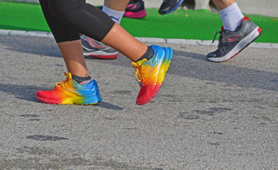 Fototapeta na wymiar Colorful sports shoes worn by participants in the Miami Marathon