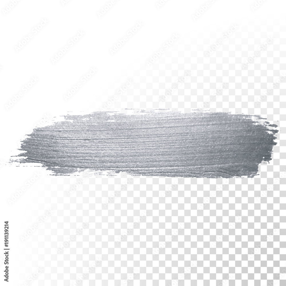 Poster silver glitter paint brush stroke or abstract dab smear with smudge texture on transparent backgroun