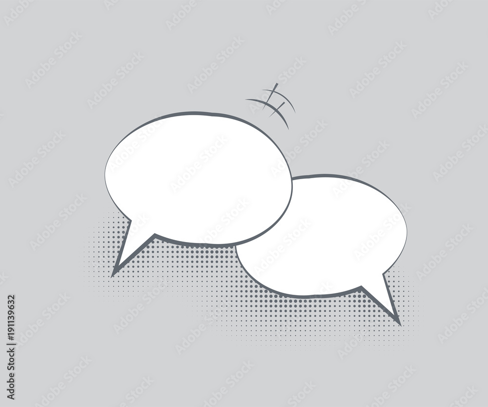 Poster dialog template. two blank overlapping speech bubbles with halftone shadows on gray background. vect