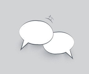 Dialog template. Two blank overlapping speech bubbles with halftone shadows on gray background. Vector illustration.