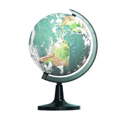 World environment day concept: A green earth globe in a stand shows isolated on white background