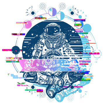 Astronaut in the lotus position glitch tattoo art. Symbol of meditation, harmony, yoga. Spaceman and Universe glitch art t-shirt design