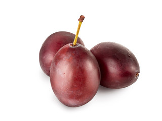 Three berry of plums with green tail. Fresh fruit, plum isolated on white background retouched and ready for your project
