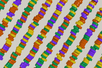 Fototapeta premium Pattern of yellow, violet and green cylinder tablets on white background