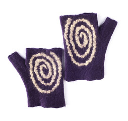 Violet mitts of felted wool on a white background