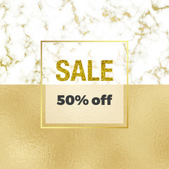 Cover placard sale white, golden marble or stone texture and gold foil background with gold glitter sale. Templates for your designs, banner, card, flyer, invitation, party, birthday, wedding