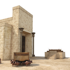 King Solomon's temple with large basin call Brazen Sea and bronze altar on white. 3D illustration
