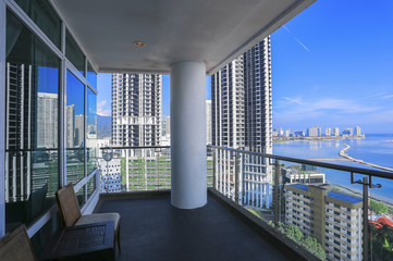 Condominium balcony with sea view from skyscraper building - Penang, Malaysia